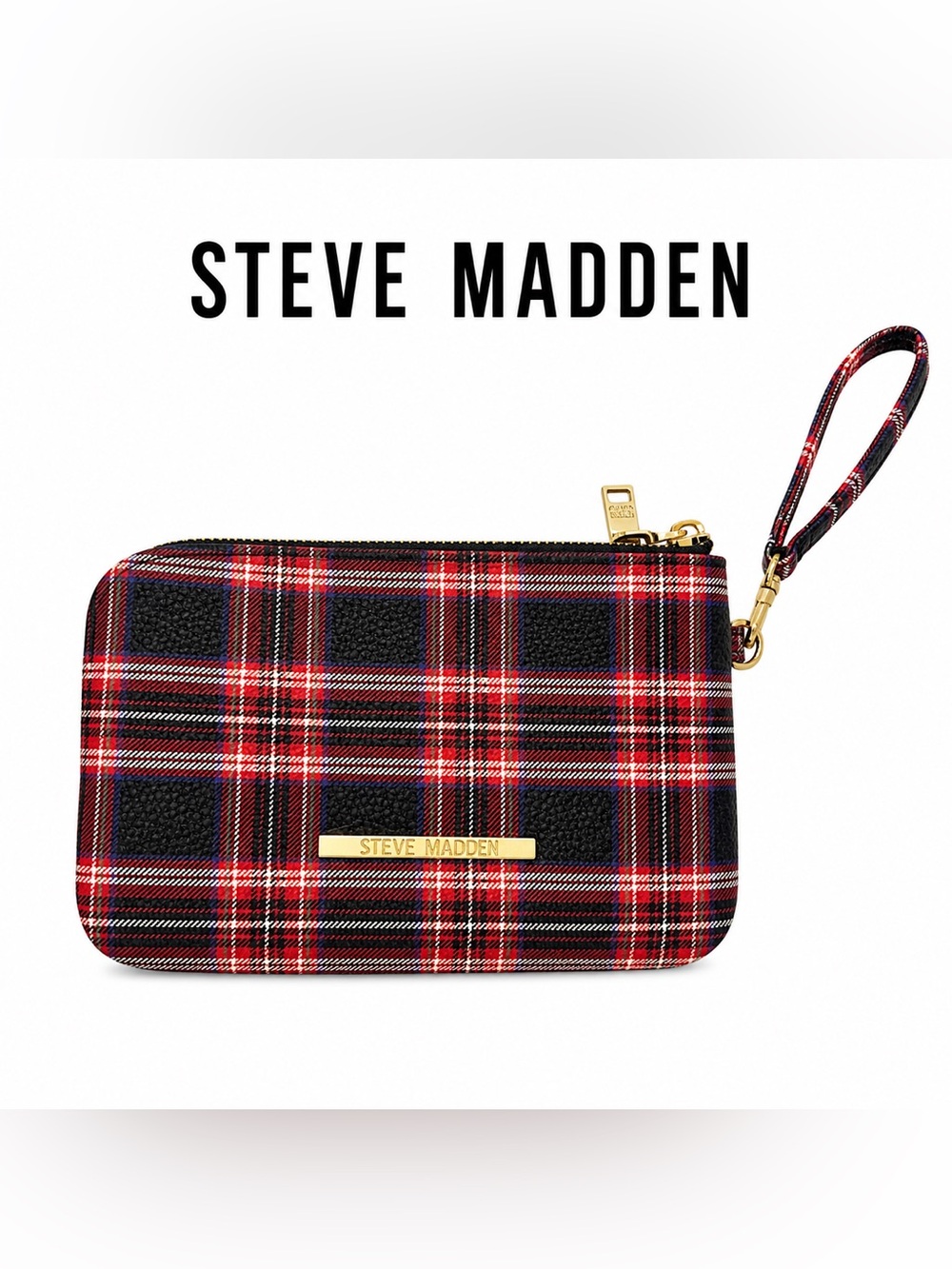 Steve Madden Red Black Tartan Plaid Wristlet Clutch NEW